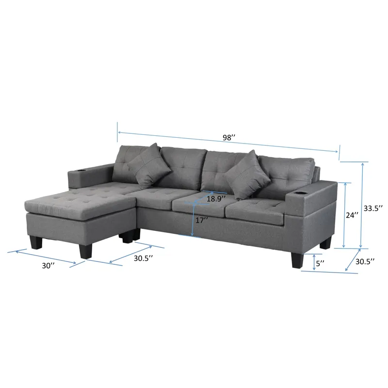 Sectional Sofa Set For Living Room With L Shape Chaise Lounge, Cup Holder And Left Or Right Hand Cha