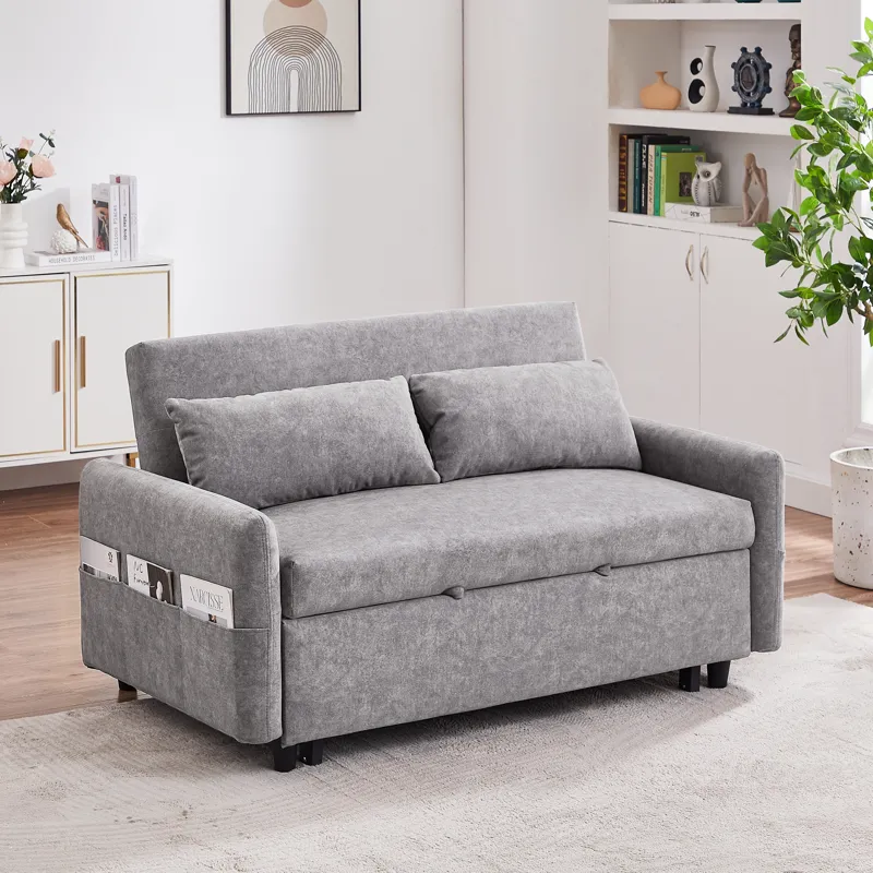 Pull Out Sleep Sofa Bed Loveseats Sofa Couch With Adjsutable Backrest, Storage Pockets, 2 Soft Pillo