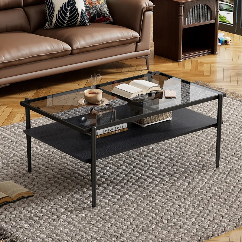 Rectangle Coffee Table With Tempered Glass Top, Modern Table For Living Room - Gray / Black