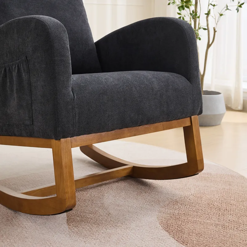 Rocking Chair For Nursery, Polyester Glider Chair With High Back And Side Pocket, Rocking Accent Arm