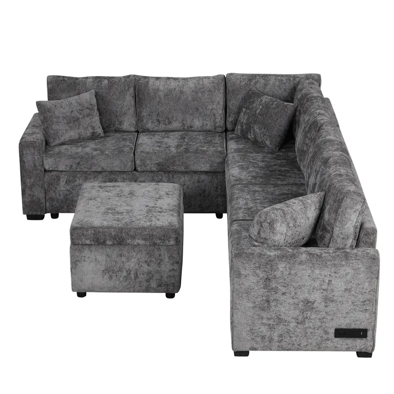Sectional Sofa Pull-Out Sofa Bed Sleeper With A Storage Ottoman, Three Pillows And Charging Devices 