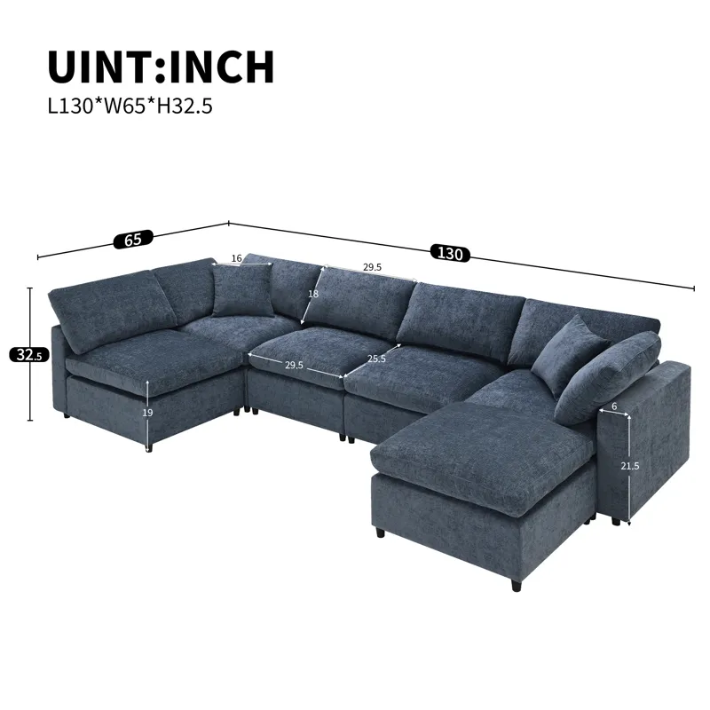 Modern Modular Cloud Sofa Bed, 6 Seat Chenille Sectional Couch Set With Ottoman, Free Combination, C