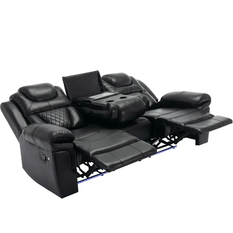 Home Theater Seating Manual Recliner Chair With Center Console And Led Light Strip For Living Room -