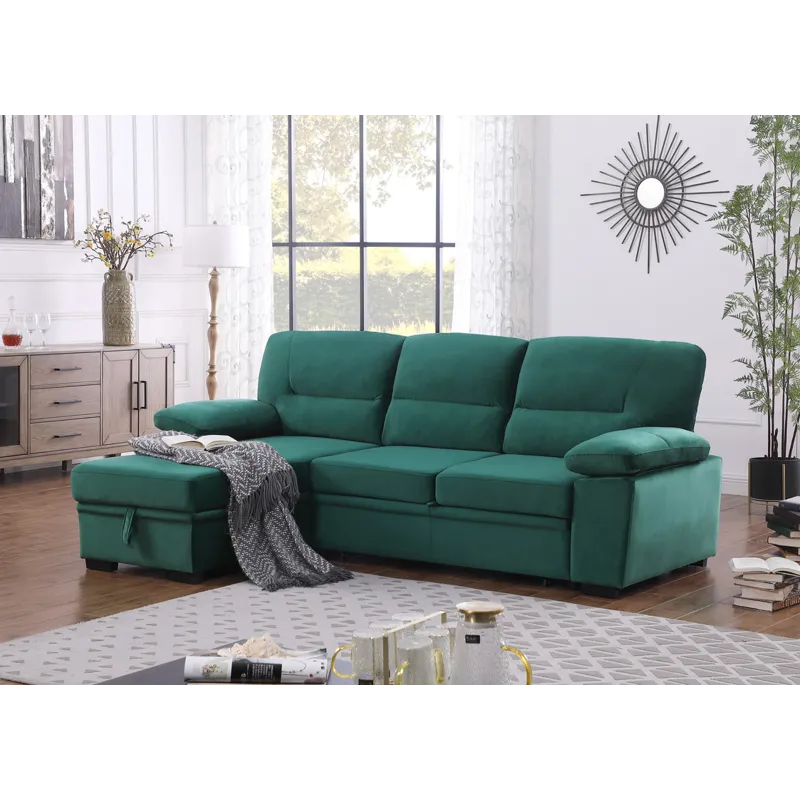 Kipling - Velvet Fabric Reversible Sleeper Sectional Sofa Chaise - Green