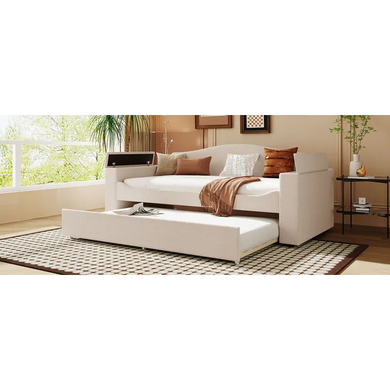 Twin Size Upholstered Daybed With Storage Armrests, Trundle And Latest Integrated Bluetooth Audio Sy