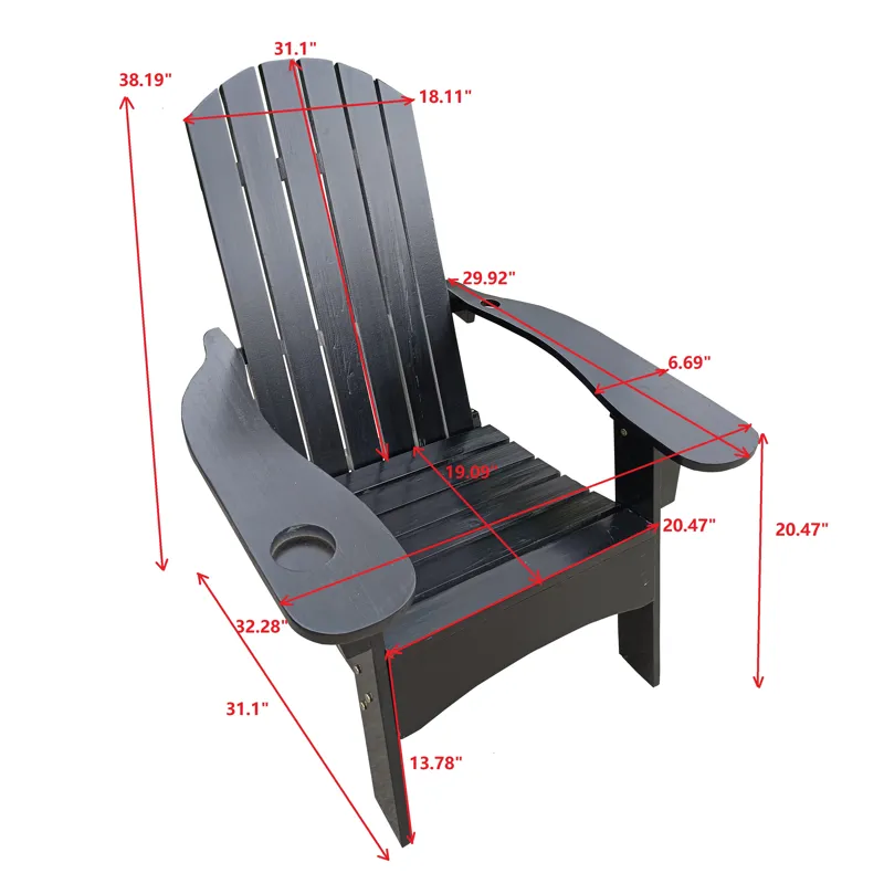 Outdoor Or Indoor Wood Adirondack Chair With An Hole To Hold Umbrella, On The Arm - Black