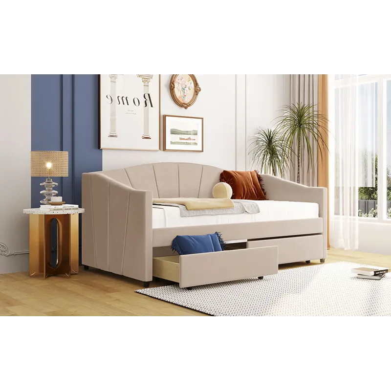 Twin Size Upholstered Daybed With Two Drawers And Wood Slat - Beige