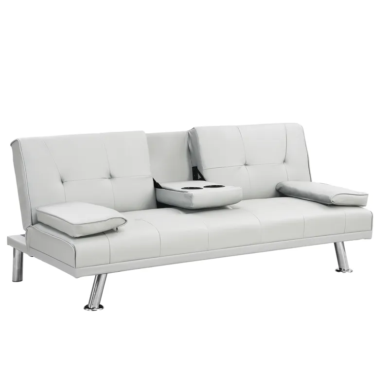 Futon Sofa Bed With Armrest Two Holders - White
