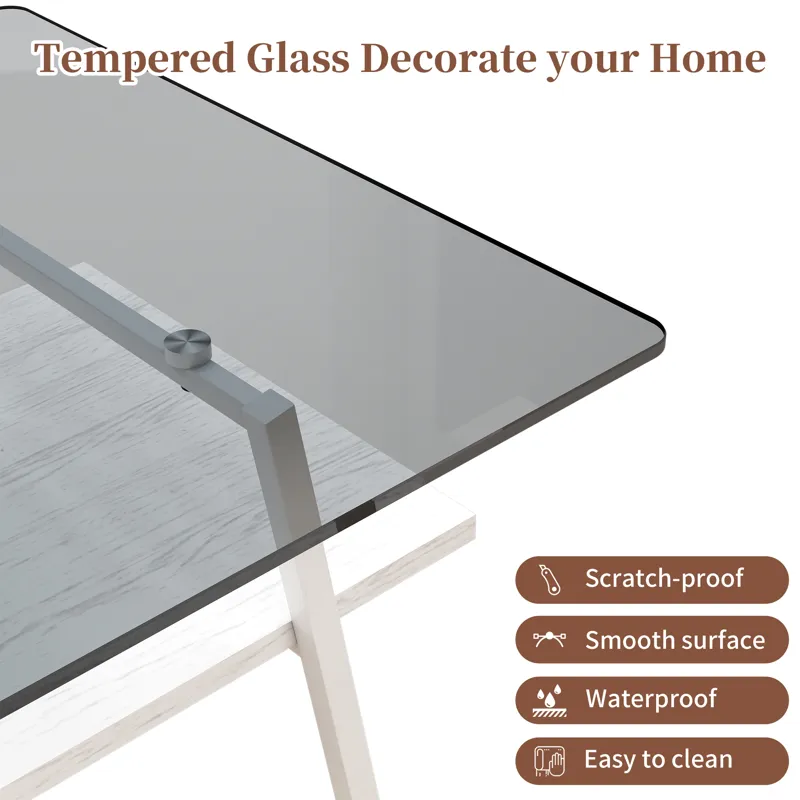 Rectangle Coffee Table, Tempered Glass Tabletop With White Metal Legs, Modern Table For Living Room 