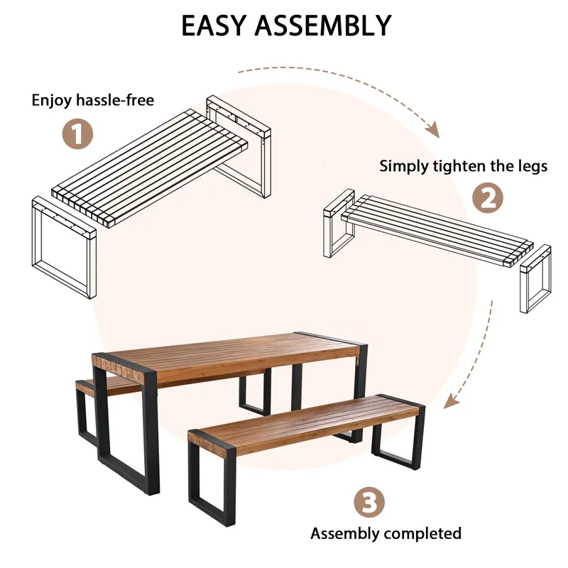 3 Pieces Outdoor Dining Table With 2 Benches, Patio Dining Set With Unique Top Texture, Acacia Wood 