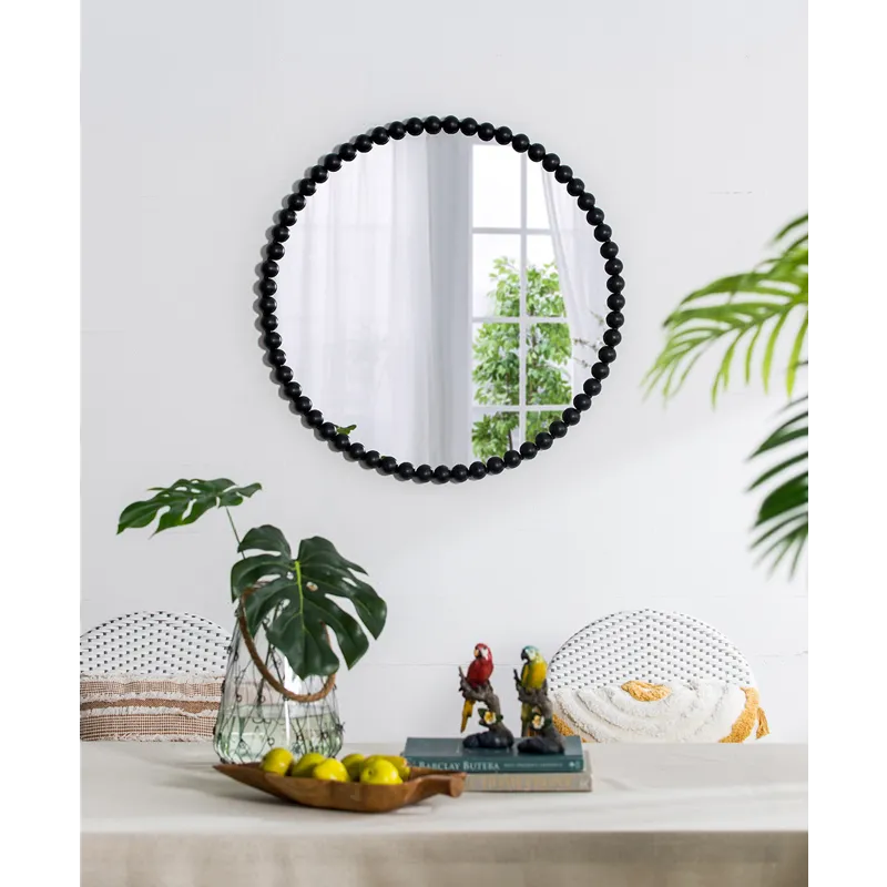 Circle Mirror With Metal Beaded Frame, Wall Mirror For Living Room Bedroom Entryway - Black