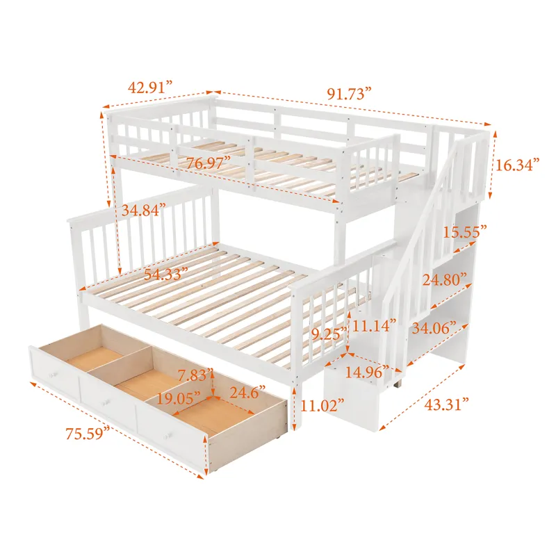 Twin Over Full Stairway Bunk Bed With Drawer, Storage And Guard Rail For Bedroom, Dorm, For Adults -