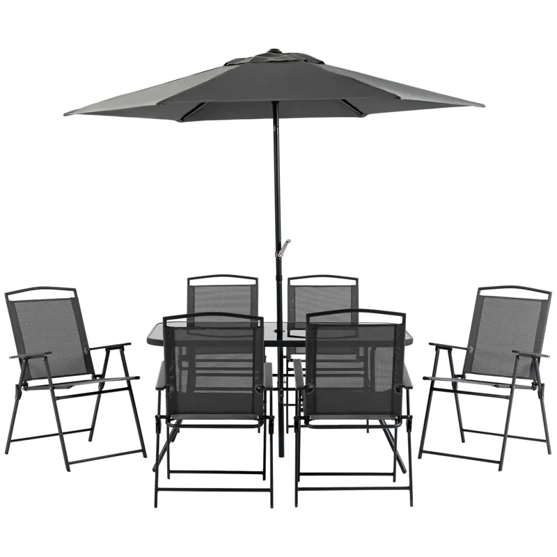 Outsunny - 8 Piece Patio Dining Set With Table Umbrella, 6 Folding Chairs And Rectangle Dining Table