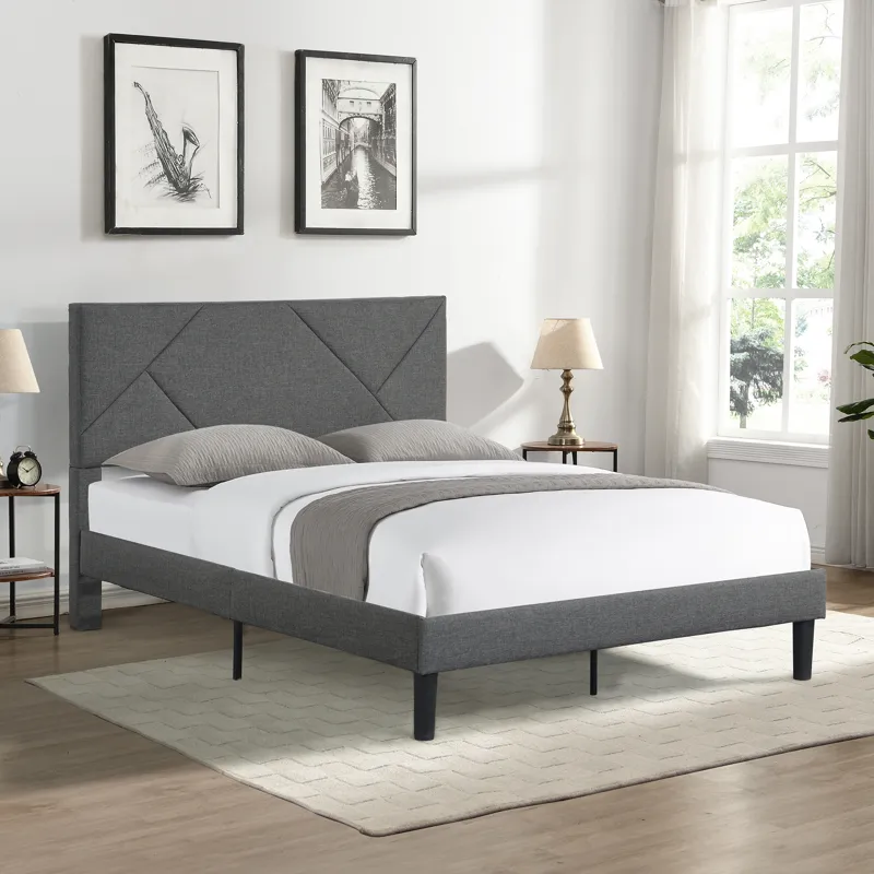 Full Size Upholstered Platform Bed Frame With Headboard, Strong Wood Slat Support, Mattress Foundati