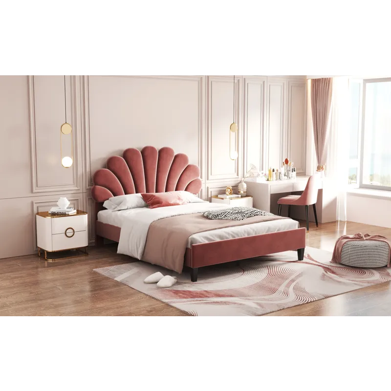Full Size Upholstered Platform Bed With Flower Pattern Velvet Headboard - Bean Paste Red