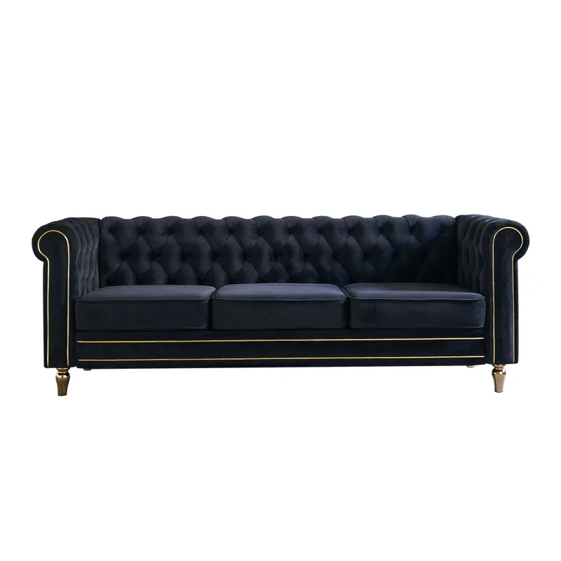 Chesterfield - Velvet Sofa 84.65\" For Living Room - Black