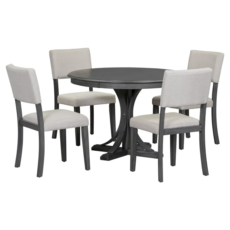 5 Piece Retro Round Dining Table Set With Curved Trestle Style Table Legs And 4 Upholstered Chairs F