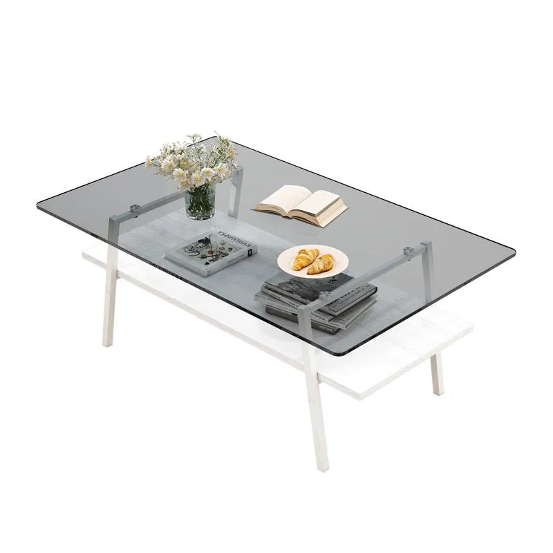 Rectangle Coffee Table, Tempered Glass Tabletop With White Metal Legs, Modern Table For Living Room 