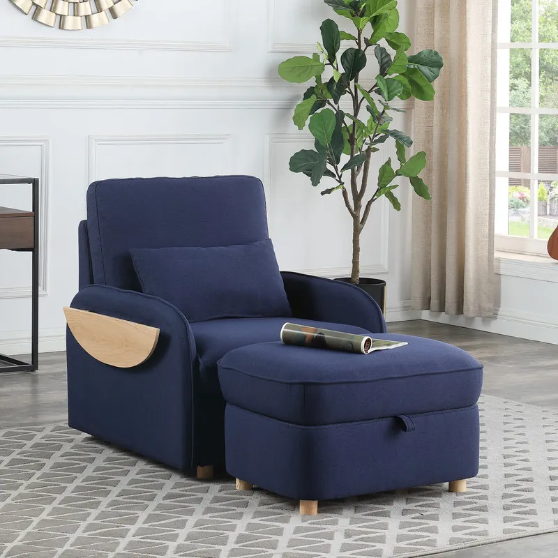 Huckleberry - Linen Accent Chair With Storage Ottoman And Folding Side Table - Blue