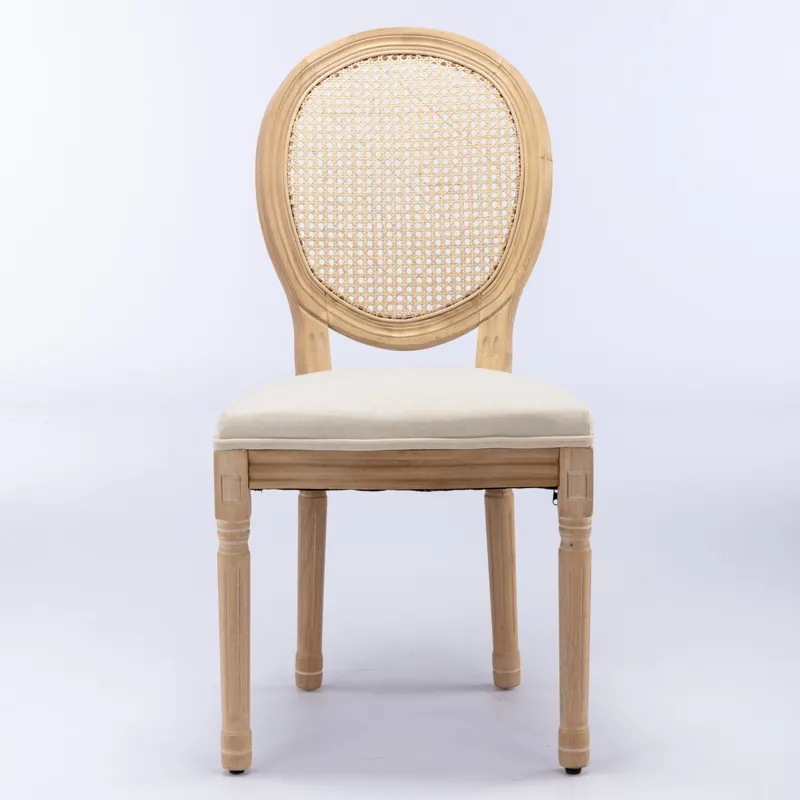 French Style Solid Wood Frame Antique Painting Linen Fabric Rattan Back Dining Chair (Set of 2) - Cr