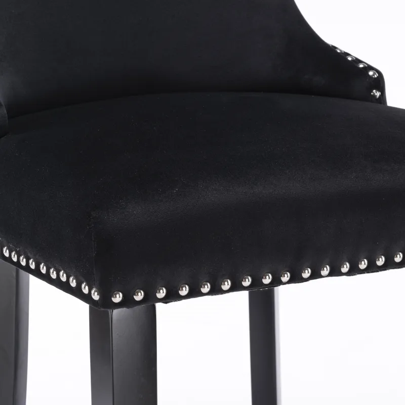 Contemporary Velvet Upholstered Wing-Back Barstools With Button Tufted Decoration And Wooden Legs, A