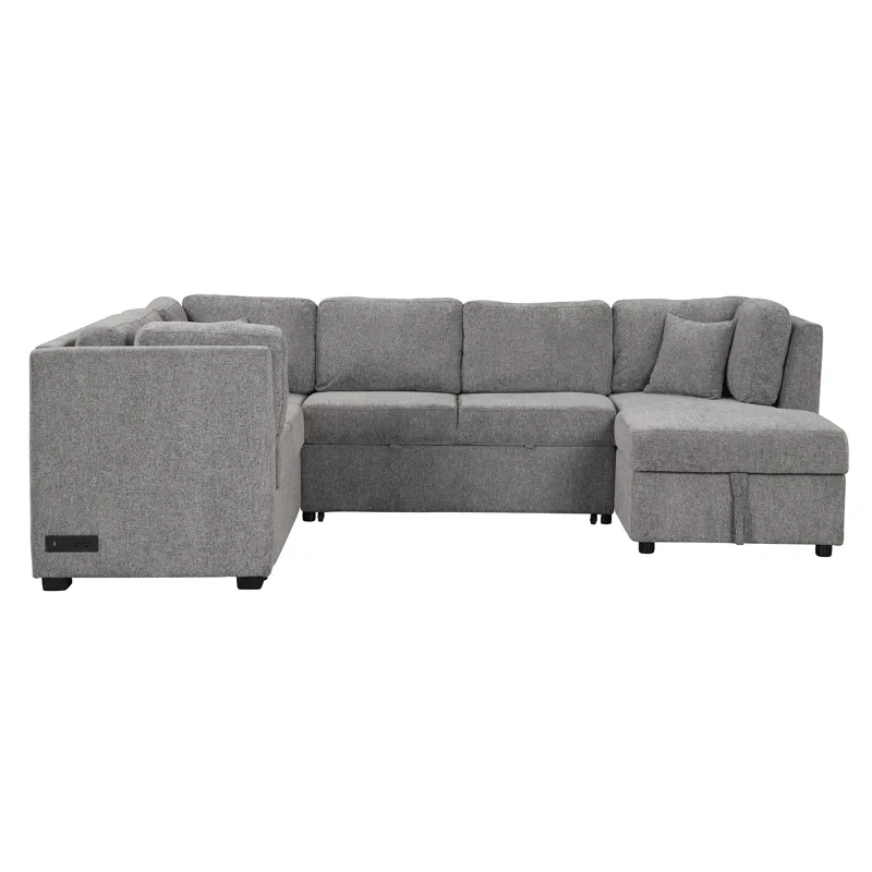 U-Shaped Sectional Sofa Pull Out Sofa Bed With Two USB Ports, Two Power Sockets, Three Back Pillows 