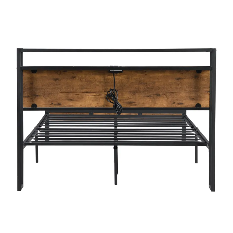 Full Size Metal Platform Bed Frame With Wooden Headboard And Footboard With USB Liner, No Box Spring