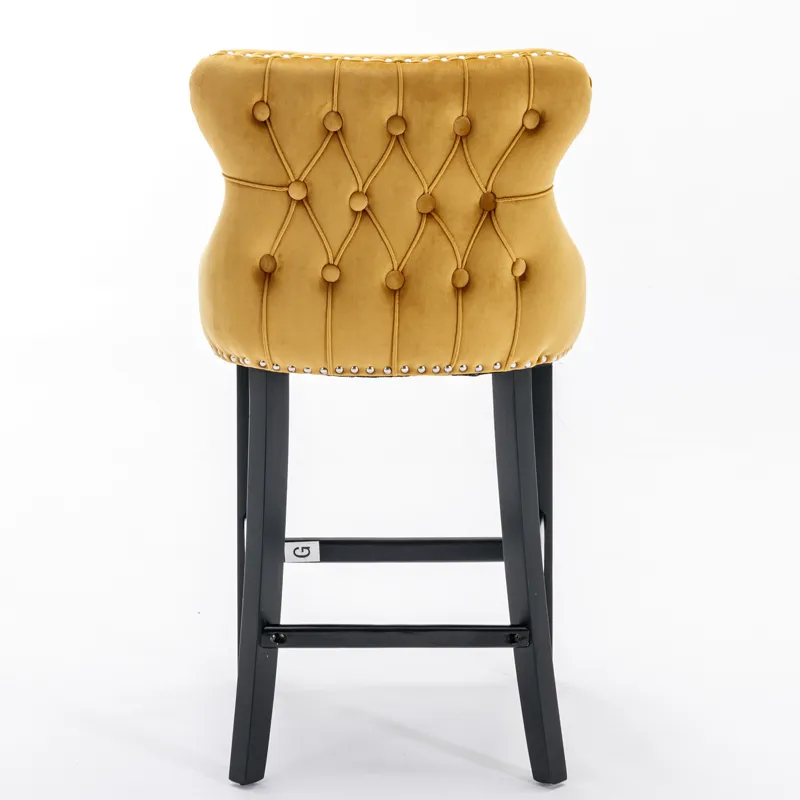 Contemporary Velvet Upholstered Wing-Back Barstools With Button Tufted Decoration And Wooden Legs, A