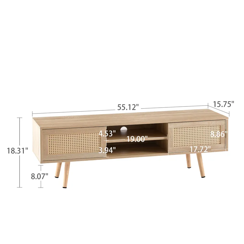 55.12\" Rattan TV Cabinet, Double Sliding Doors For Storage, Adjustable Shelf, Solid Wood Legs, TV C