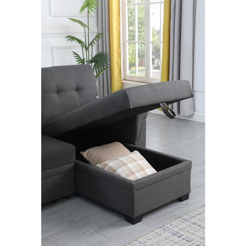 Lucca - Linen Reversible Sleeper Sectional Sofa With Storage Chaise - Dark Gray