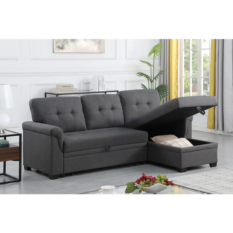 Lucca - Linen Reversible Sleeper Sectional Sofa With Storage Chaise - Dark Gray