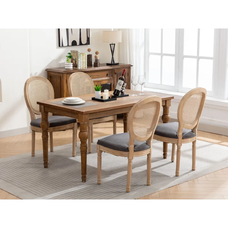 French Style Solid Wood Frame Antique Painting Linen Fabric Rattan Back Dining Chair (Set of 2) - Gr
