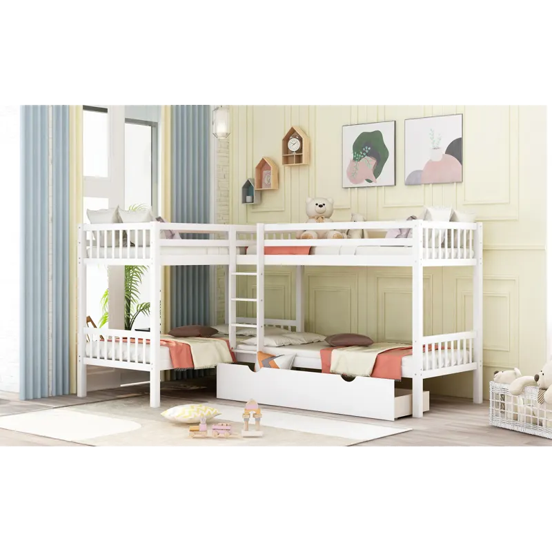 Twin L Shaped Bunk Bed With Drawers - Gray