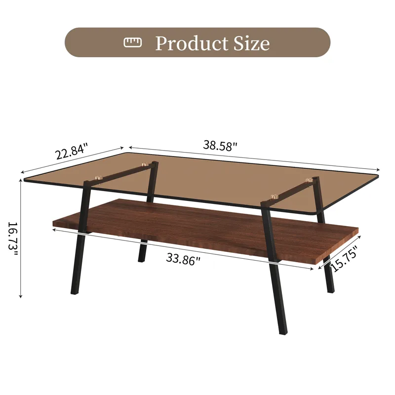 Rectangle Coffee Table, Tempered Glass Tabletop With Metal Legs, Modern Table For Living Room - Brow