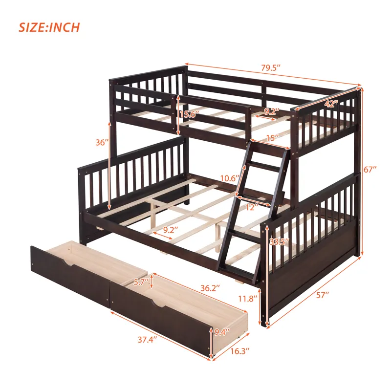 Twin Over Full Bunk Bed With Ladders And Two Storage Drawers - Espresso