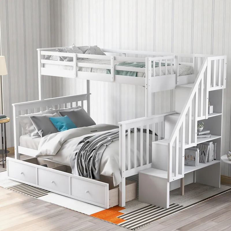 Twin Over Full Stairway Bunk Bed With Drawer, Storage And Guard Rail For Bedroom, Dorm, For Adults -
