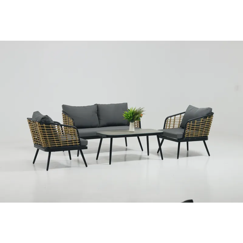 4 Pieces Patio Furniture Set, PE Rattan Wicker With Washable Cushion And Tempered Glass Tabletop, Co