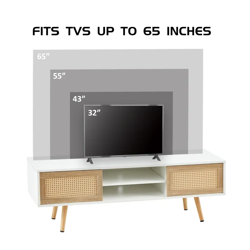 55.12\" Rattan TV Cabinet, Double Sliding Doors For Storage, Adjustable Shelf, Solid Wood Legs, TV C
