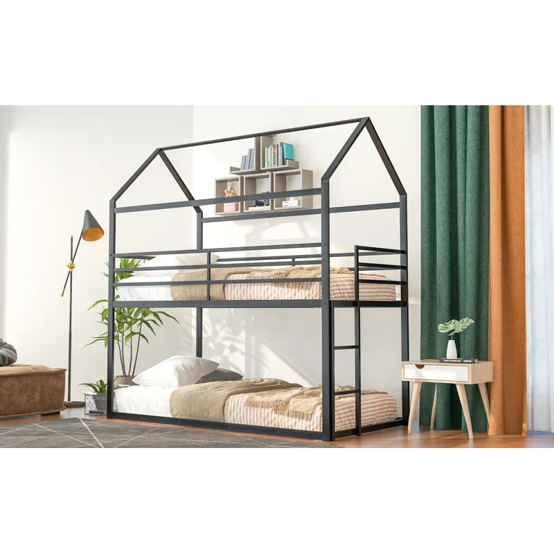 Bunk Beds For Kids Twin Over Twin, House Bunk Bed Metal Bed Frame Built-In Ladder, No Box Spring Nee
