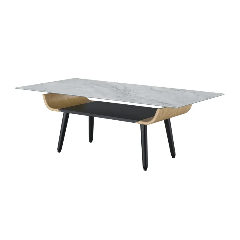Landon - Coffee Table With Glass Marble Texture Top And Bent Wood Design - Gray