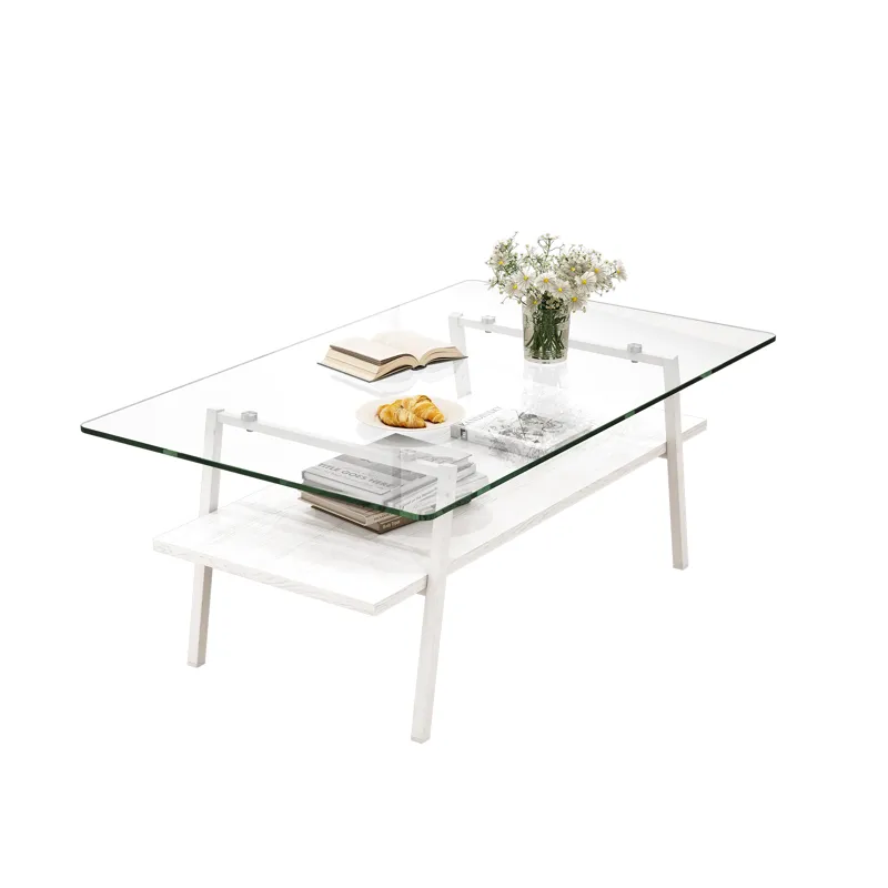 Rectangle Coffee Table, Tempered Glass Tabletop With Metal Legs, Modern Table For Living Room - Tran