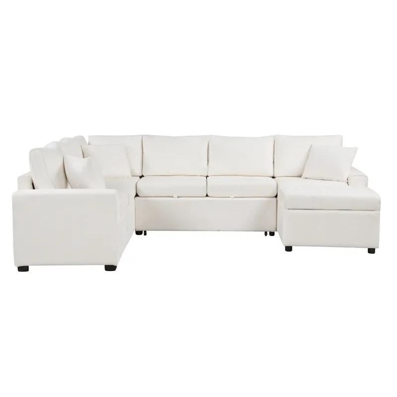 Sectional Sofa Pull-Out Sofa Bed Sleeper With A Storage Ottoman, Three Pillows And Charging Devices 