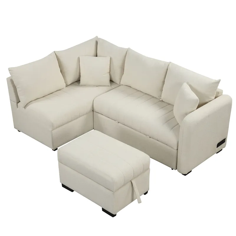 L-Shaped Sectional Pull Out Sofa Bed Sleeper Sofa With Two USB Ports, Two Power Sockets And A Movabl
