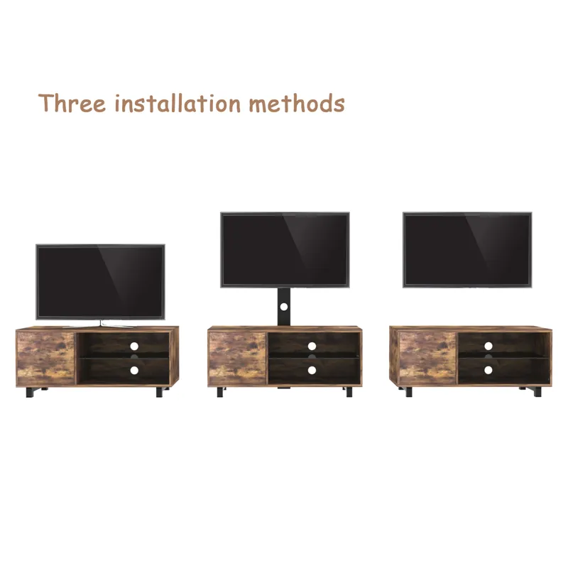 Rustic Brown TV Console With Push-To-Open Storage Cabinet For TV, Wood & Glass TV Stand For Living R