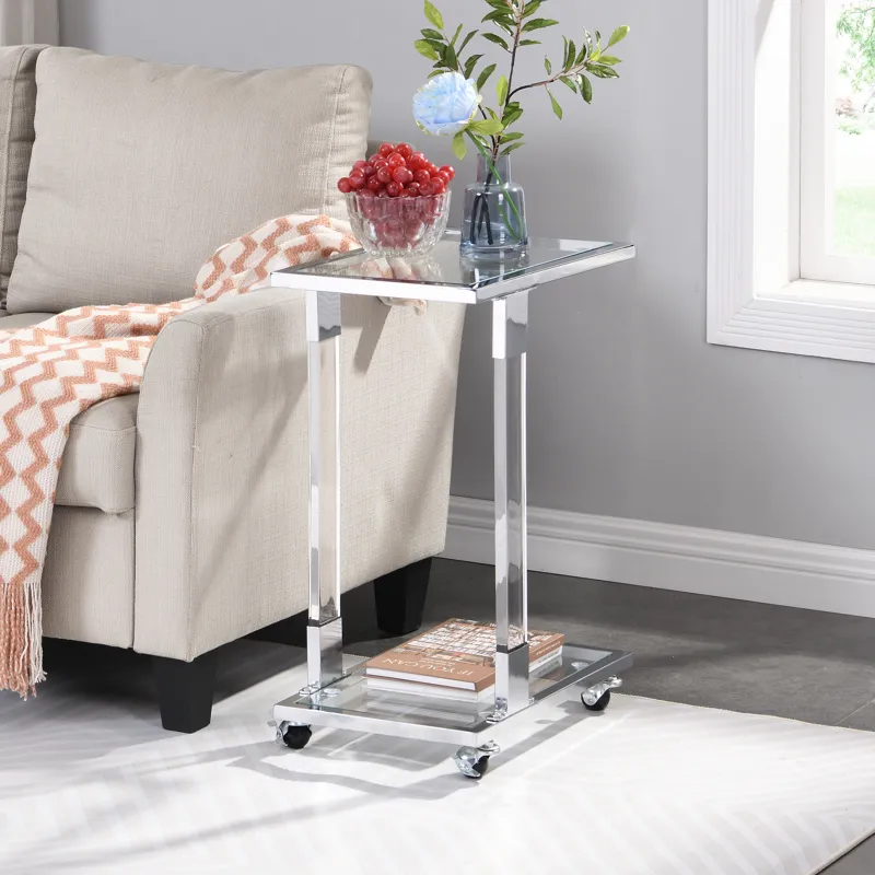 Glass Side Table, Acrylic End Table, Glass Top C Shape Square Table With Metal Base For Living Room,