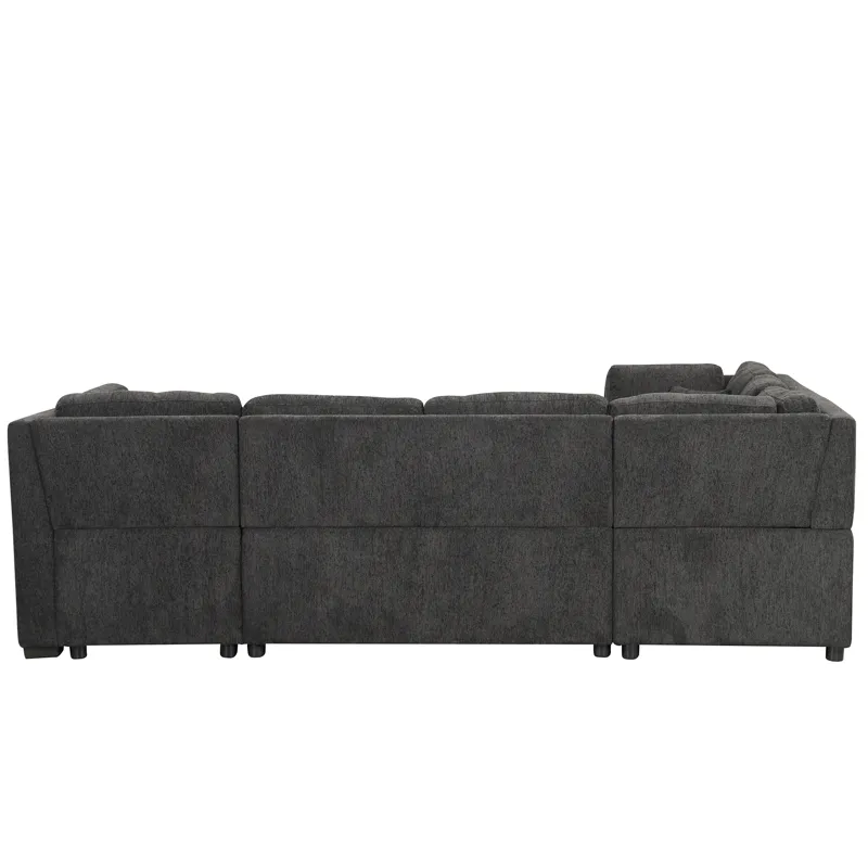 U-Shaped Sectional Sofa Pull Out Sofa Bed With Two USB Ports, Two Power Sockets, Three Back Pillows 