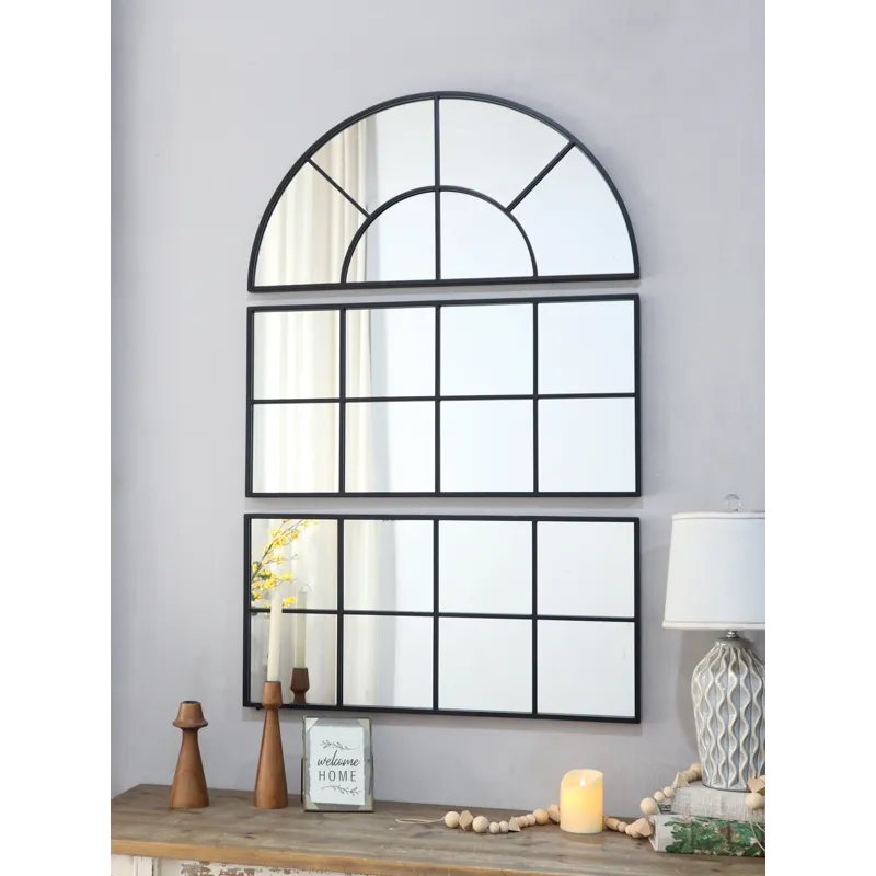 Large Arched Wall Mirror With Three Separate Sections - Black