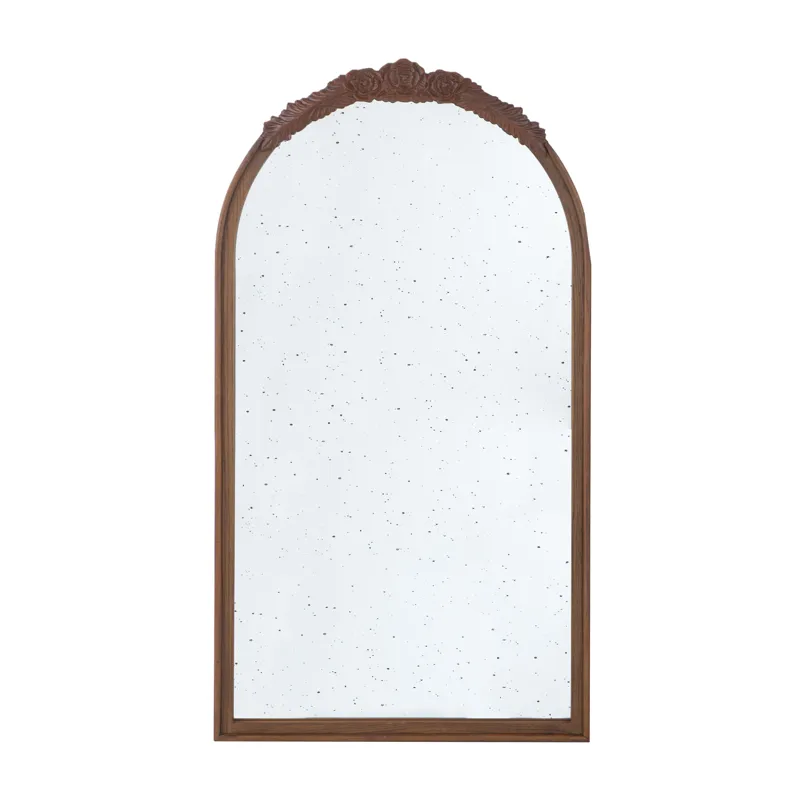 Elos Hand Carved Rose Antique Mirror Frame, Wood Arch Mirror Wall Decor For Living Room, Bathroom, E