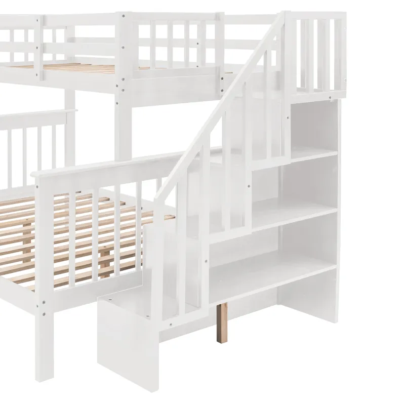 Twin Over Full Stairway Bunk Bed With Drawer, Storage And Guard Rail For Bedroom, Dorm, For Adults -