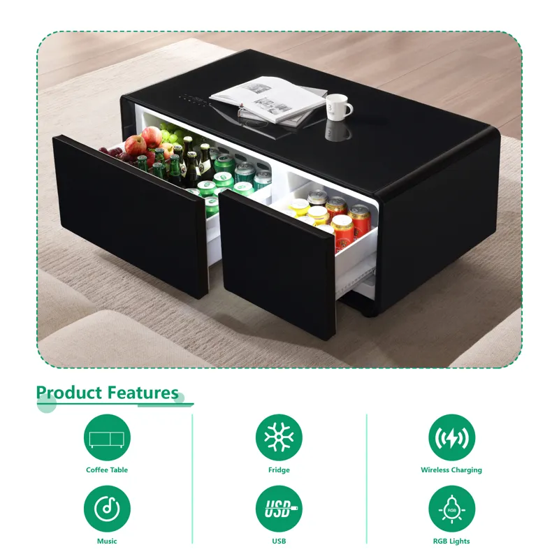 Modern Smart Coffee Table With Built-In Fridge - Bluetooth Speaker, Wireless Charging, Touch Control
